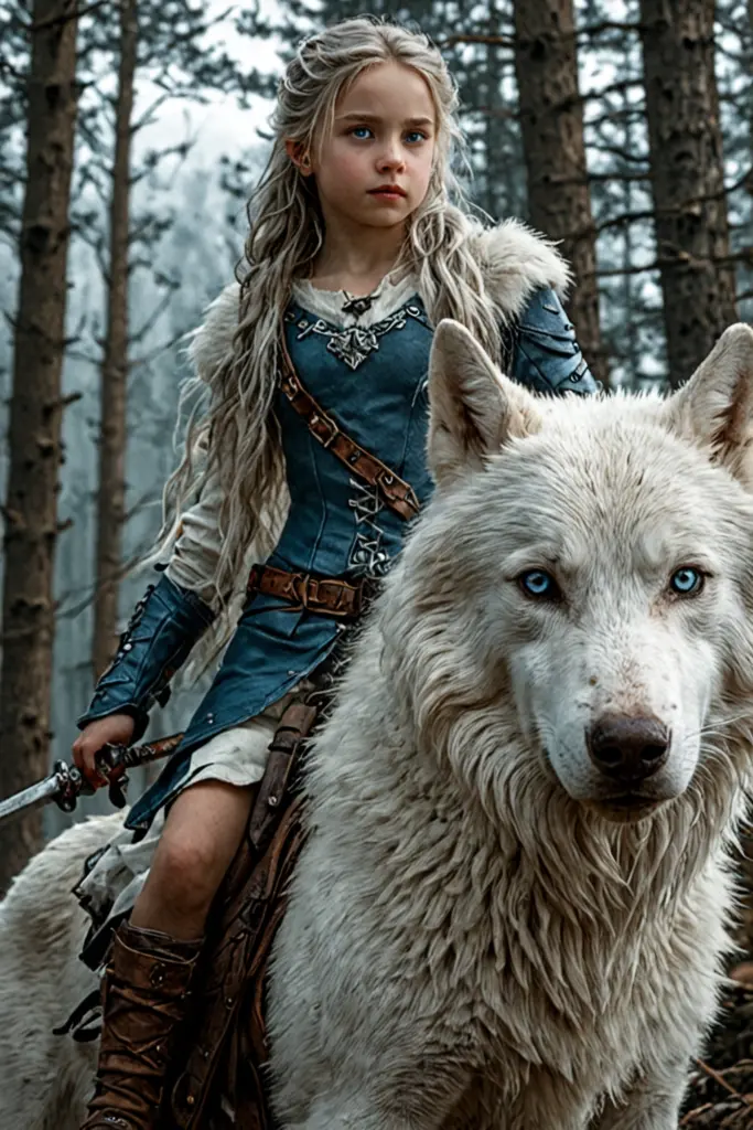 Image of a girl riding on the back of a big white wolf