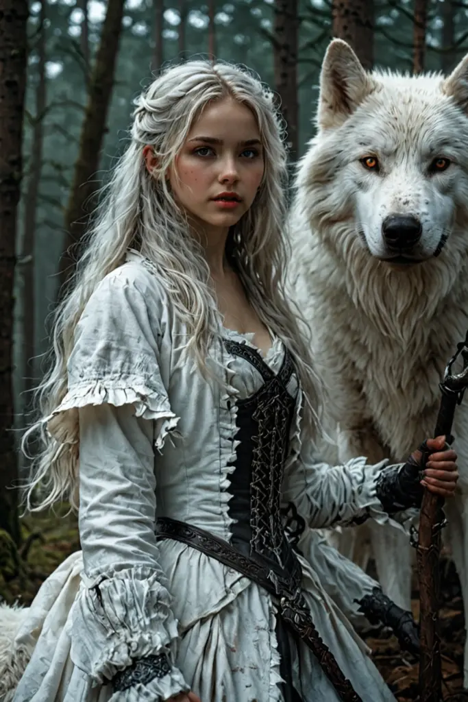 Image of a woman cuddling with a large white wolf